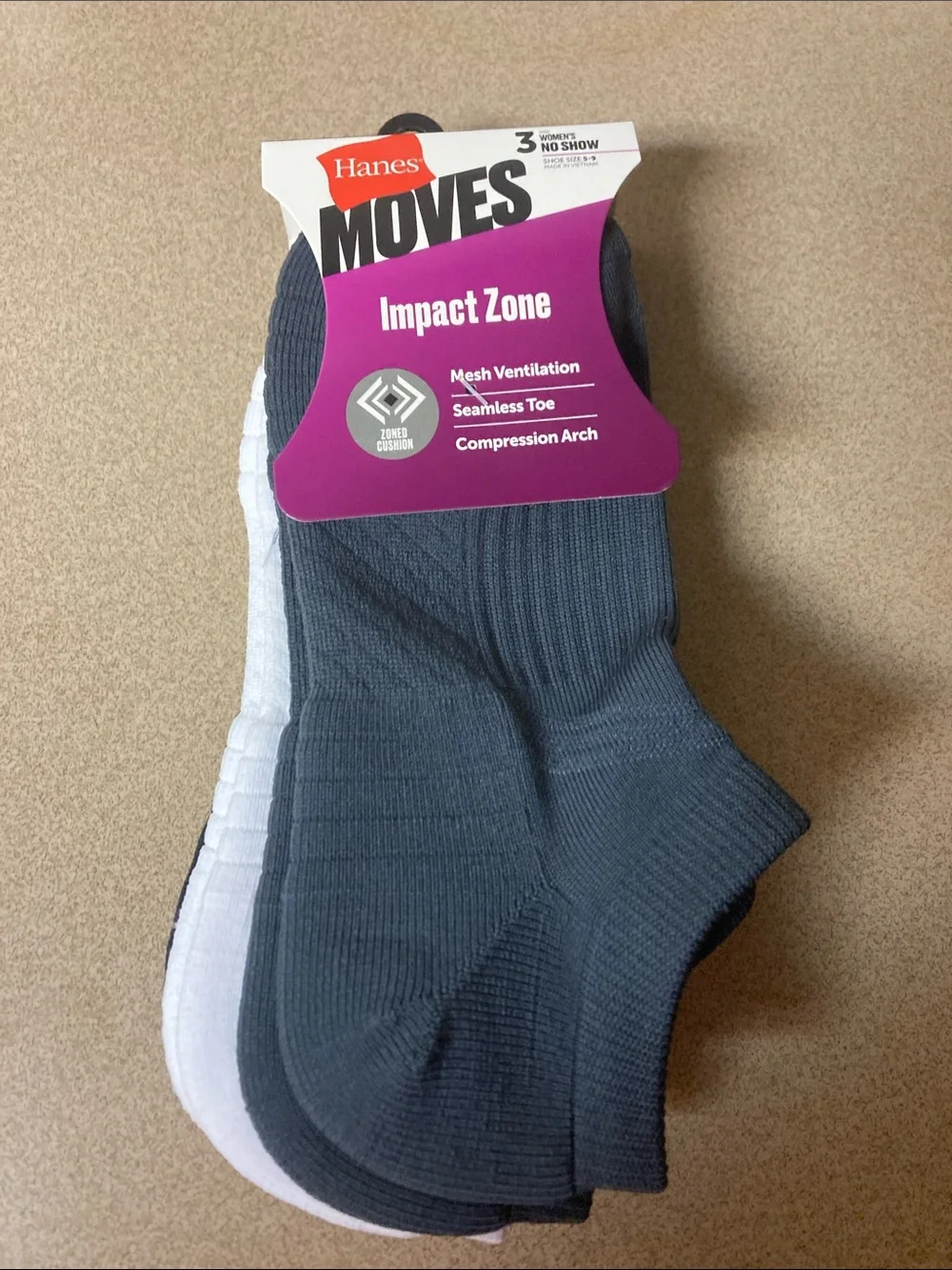 Hanes Moves Impact Zone No-Show Socks - Gray black& White - 3 Pack